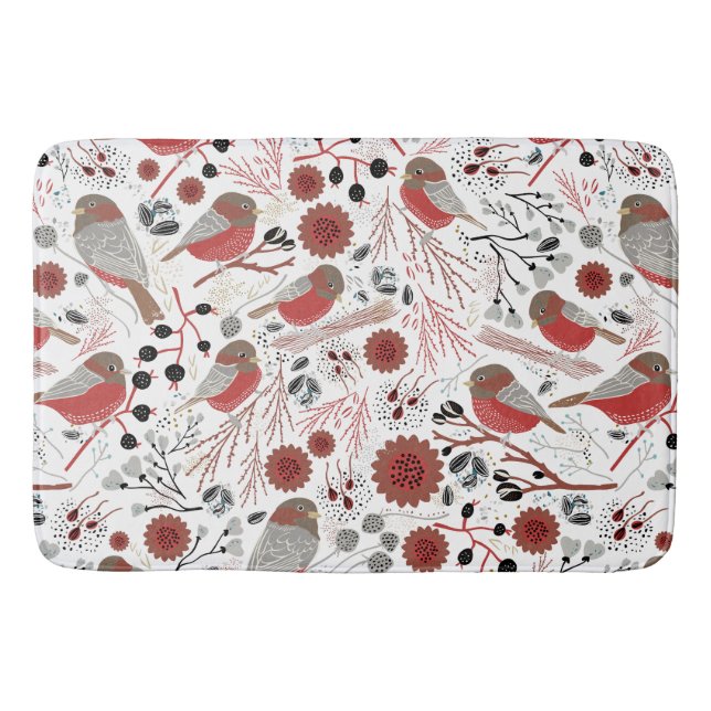 Tapis De Bain Chickadees Motif Gris Rouge avec Floral (Devant)
