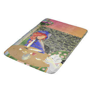 Tapis De Bain Chien et Dame au Café au coucher du soleil