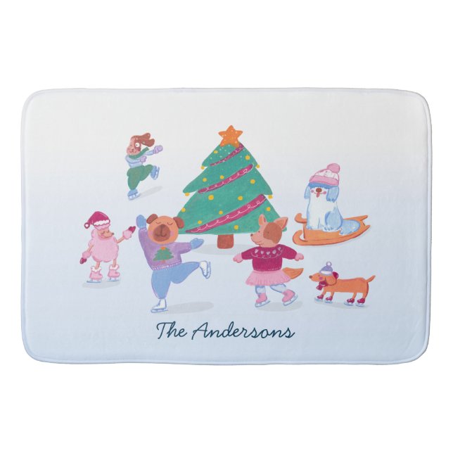 Tapis De Bain Chiens de fête patinant sur glace Noël bleu clair (Devant)
