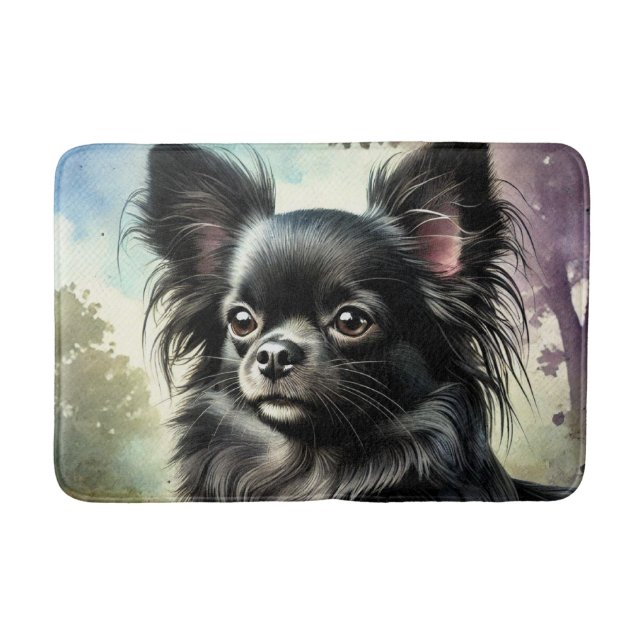 Tapis De Bain Chihuahua noir à long haïre en aquarelle (Devant)