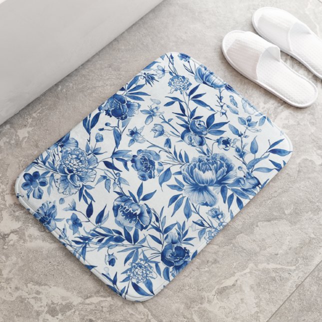 Tapis De Bain Chinoiserie Bleue Aquarelle Botanique Florale (Créateur téléchargé)