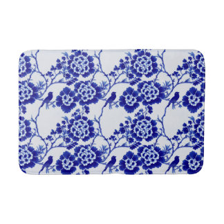 Tapis De Bain Chinoiserie Blue and White Bird Floral Hampton