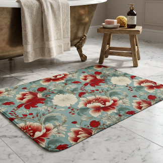 Tapis De Bain Chinoiserie florale rouge, crème et verte