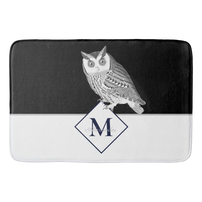Tapis De Bain Chouette blanche noire Nom du monogramme Salle de  (Devant)