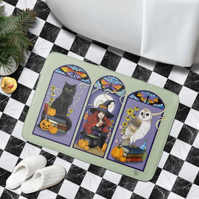 Tapis De Bain Chouette sorcière Art Nouveau Chat Halloween (Créateur téléchargé)