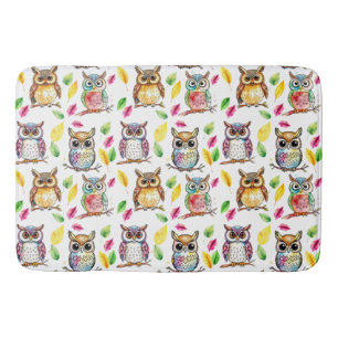 Tapis De Bain Chouettes de bois colorées et aquarelle Feuille