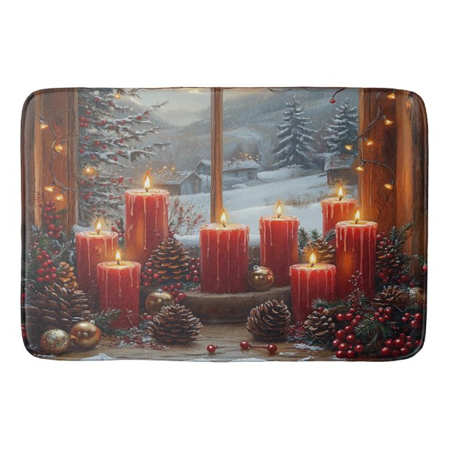 Tapis De Bain Christmas Red Candles Pine Cones Winter View  (Devant)