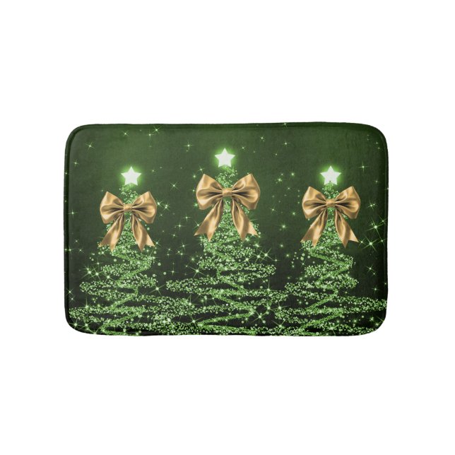 Tapis De Bain Christmas Sparkling Trees Green Faux Gold Bow  (Devant)