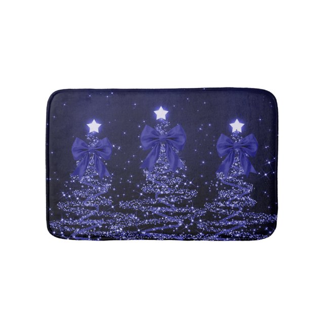 Tapis De Bain Christmas Sparkling Trees Navy Blue Faux Bow  (Devant)