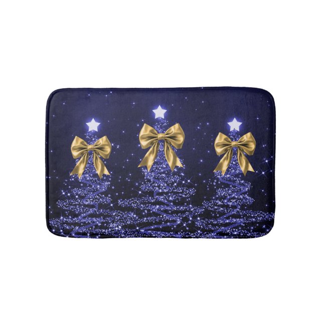 Tapis De Bain Christmas Sparkling Trees Navy Blue Faux Gold Bow  (Devant)