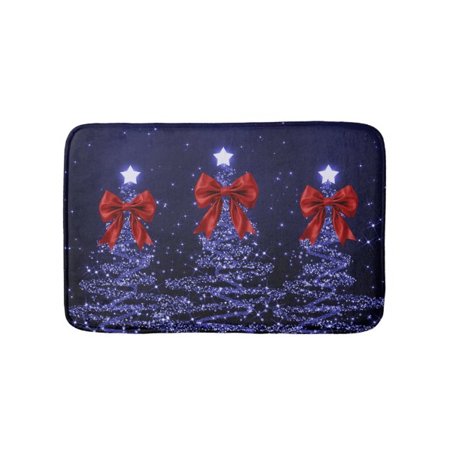 Tapis De Bain Christmas Sparkling Trees Navy Blue Faux Red Bow  (Devant)
