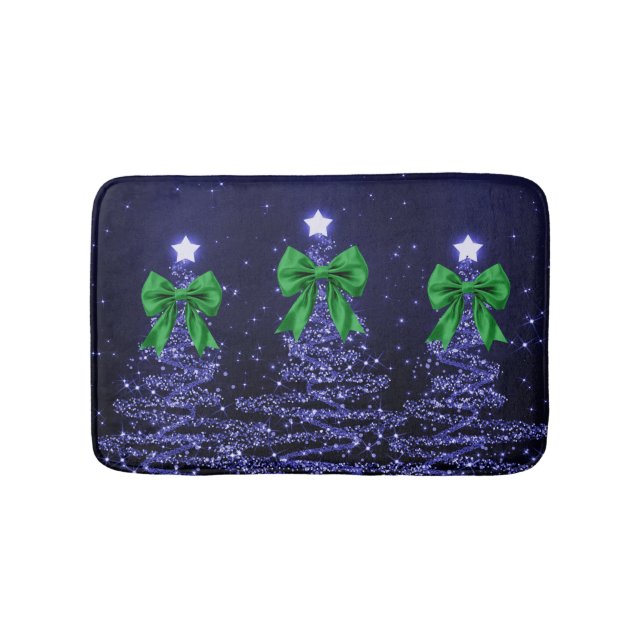 Tapis De Bain Christmas Sparkling Trees Navy Blue Green Bow  (Devant)
