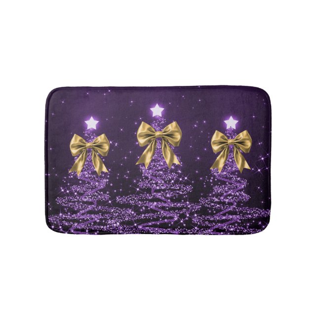 Tapis De Bain Christmas Sparkling Trees Purple Faux Gold Bow  (Devant)