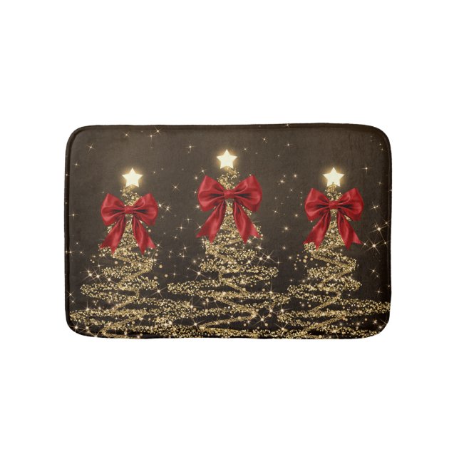 Tapis De Bain Christmas Sparkling Trees Red Gold Faux Bow  (Devant)