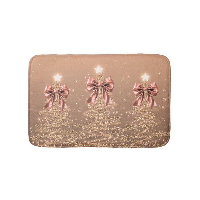 Tapis De Bain Christmas Sparkling Trees Rose Gold Faux Bow  (Devant)