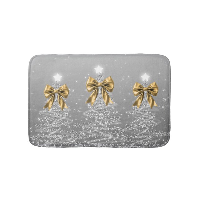 Tapis De Bain Christmas Sparkling Trees Silver Faux Gold Bow  (Devant)