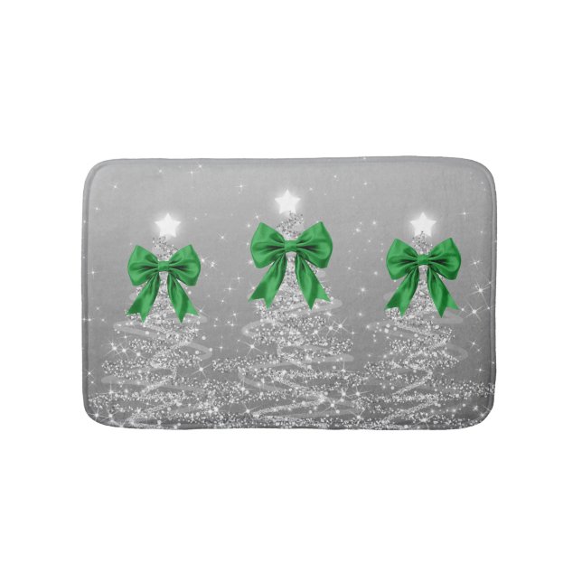 Tapis De Bain Christmas Sparkling Trees Silver Faux Green Bow  (Devant)