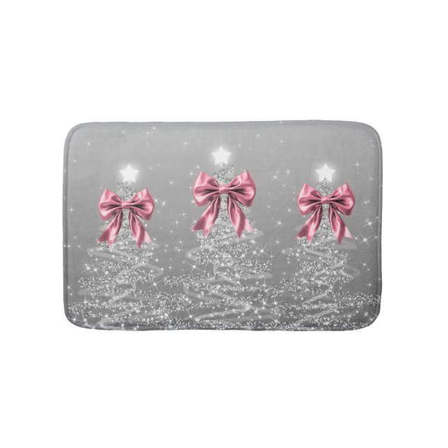 Tapis De Bain Christmas Sparkling Trees Silver Faux Pink Bow  (Devant)