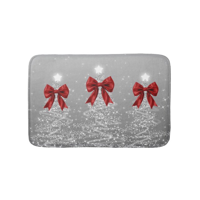 Tapis De Bain Christmas Sparkling Trees Silver Faux Red Bow  (Devant)
