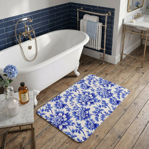 Tapis De Bain Chrysanthème bleu et blanc décoration de campagne 