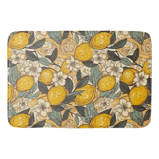 Tapis De Bain Citrons d'été et fleurs blanches (Devant)