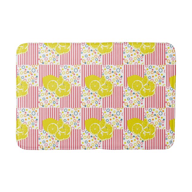 Tapis De Bain Citrons jaunes - Cercles de rayures roses Points (Devant)
