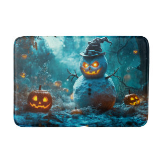 Tapis De Bain Citrouille effrayante et bonhomme de neige, scène