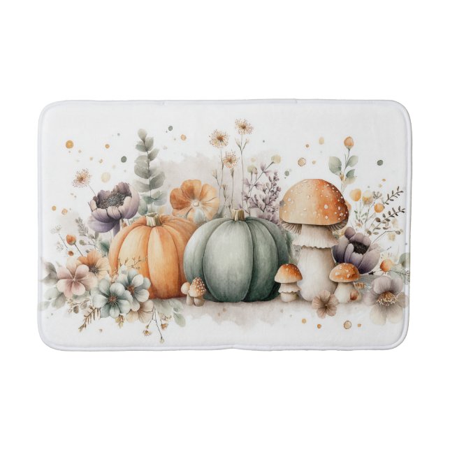 Tapis De Bain Citrouilles d'automne, champignons et fleurs (Devant)