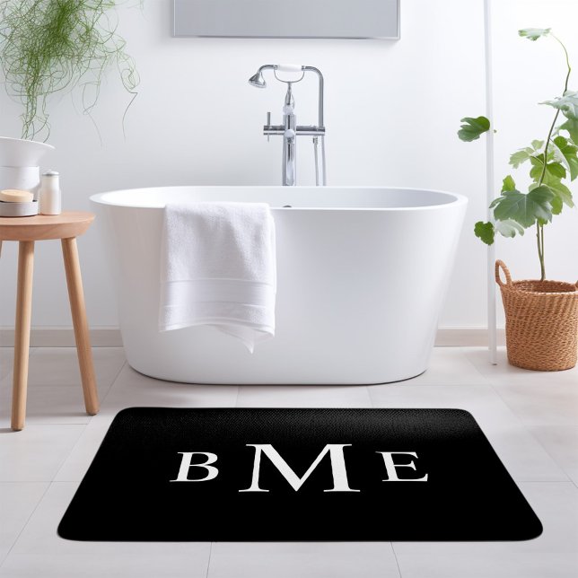Tapis De Bain Classique Monogramme Initiales 3 Lettres Noir et B (Créateur téléchargé)