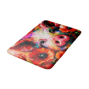 Tapis De Bain Cochon impressionniste dans les fleurs de coquelic