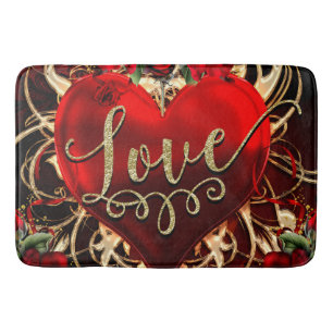 Tapis De Bain Cœur d'amour pailleté or & Roses rouges romantique