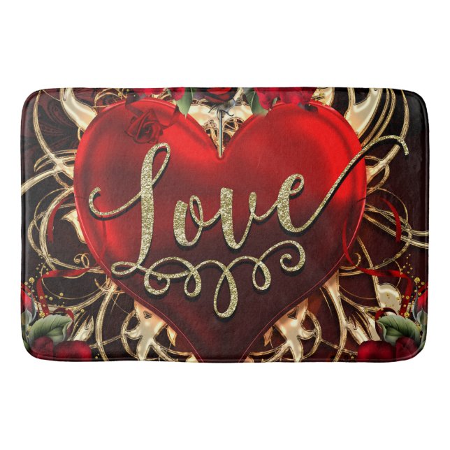 Tapis De Bain Cœur d'amour scintillant or & Roses rouges romanti (Devant)