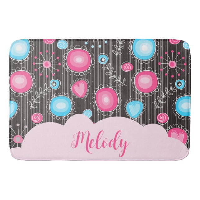 Tapis De Bain Coeurs bleu rose blanc et nom floral des fleurs (Devant)