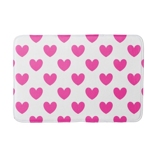 Tapis De Bain Coeurs de polka rose Fuchsia sur blanc (Devant)