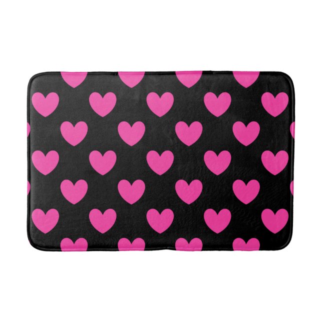 Tapis De Bain Coeurs de polka rose Fuchsia sur noir (Devant)