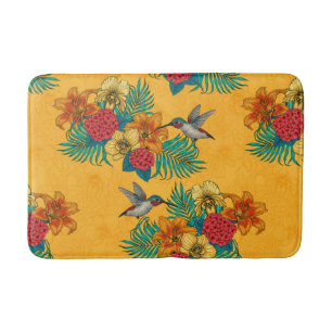 Tapis De Bain Colibris et bouquet tropical en jaune