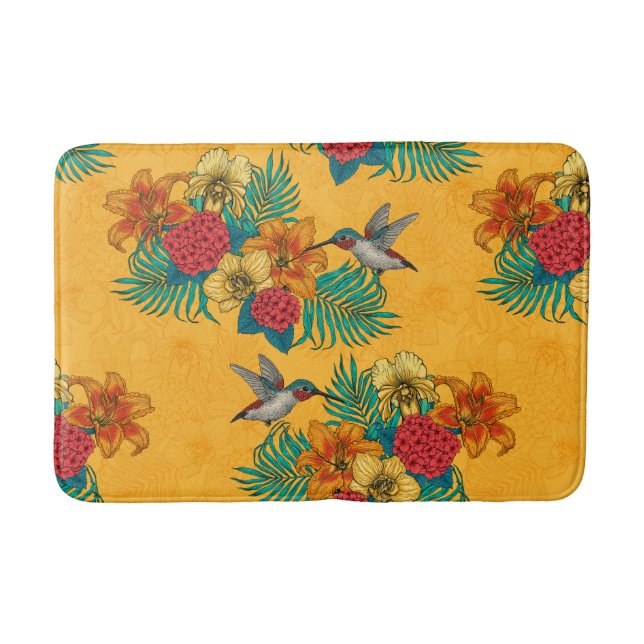 Tapis De Bain Colibris et bouquet tropical en jaune (Devant)