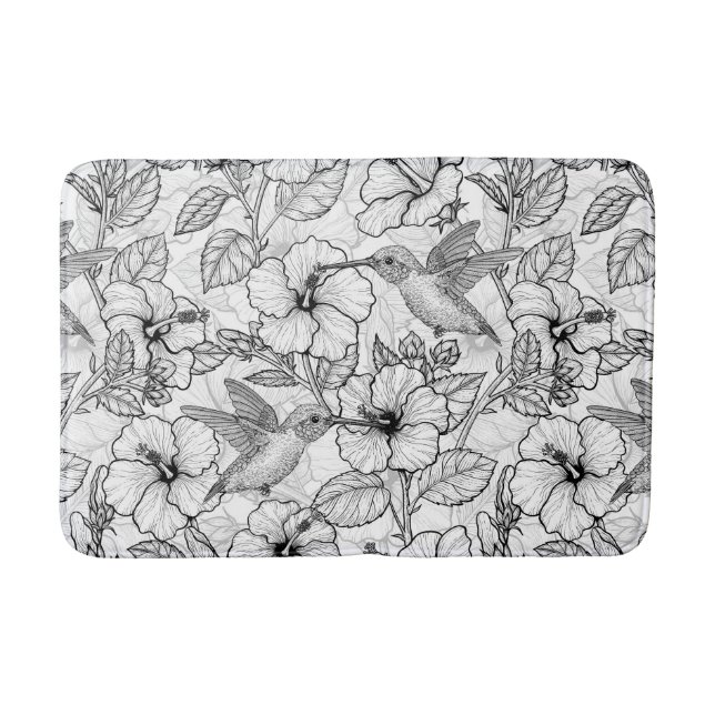 Tapis De Bain Colibris et fleurs d'hibiscus b&w (Devant)