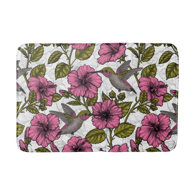 Tapis De Bain Colibris et fleurs d'hibiscus roses (Devant)