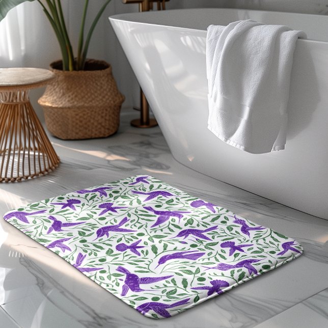 Tapis De Bain Colibris violets avec des fleurs et des feuilles v (Créateur téléchargé)
