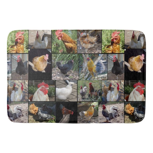 Tapis De Bain Collage De Photos De Poulet Et De Coqs, Grand (Devant)