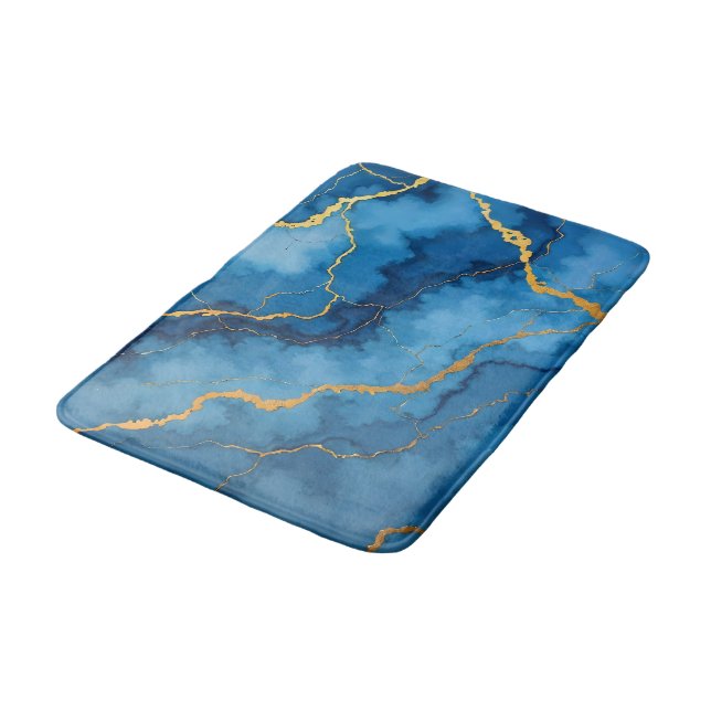 Tapis De Bain Collection tendance en marbre bleu azur or (Angle)