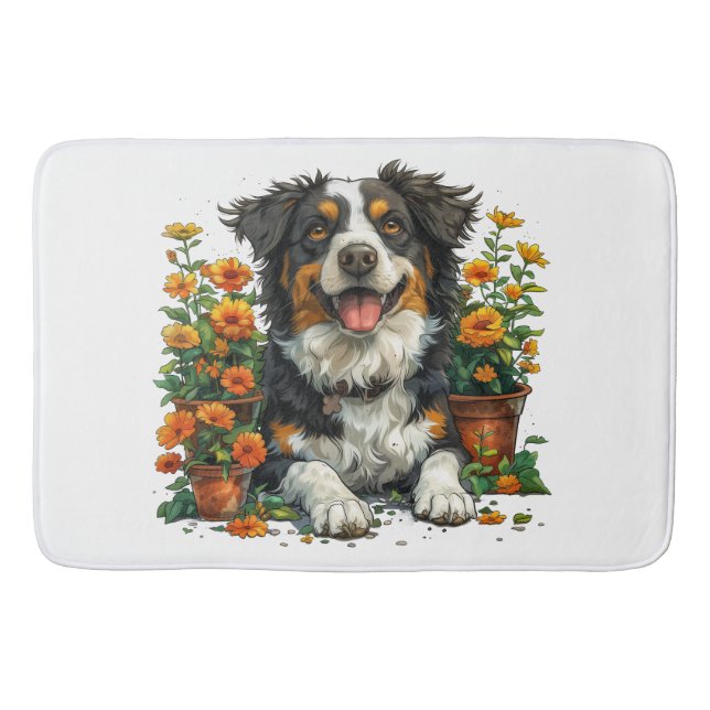 Tapis De Bain Collie Bordure Mignonne En Fleurs (Devant)