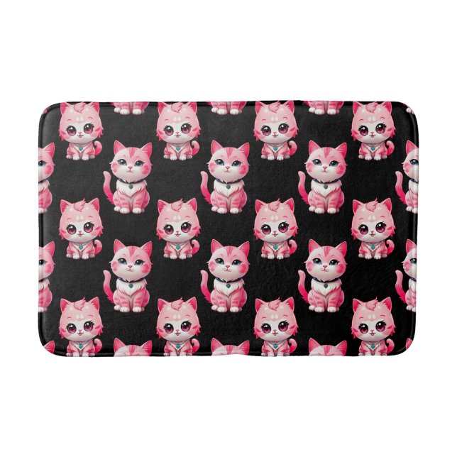 Tapis De Bain Conception de chats Kitty roses sur fond noir (Devant)