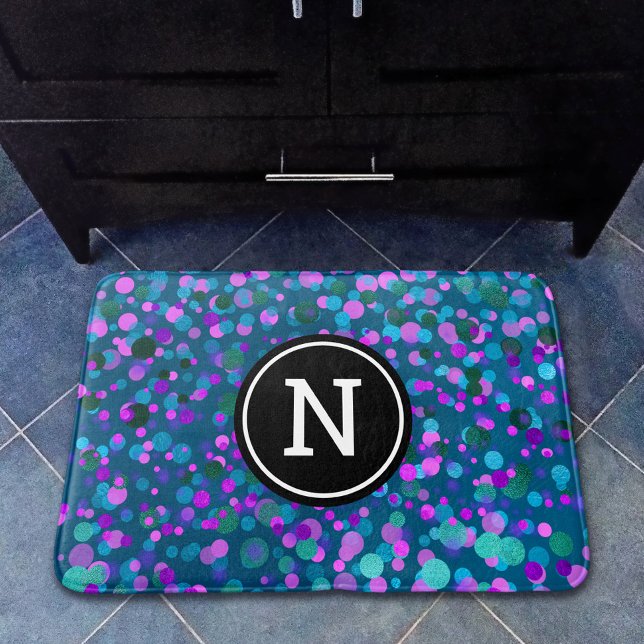 Tapis De Bain Confetti bleu violet points gras monogramme sur tu (Créateur téléchargé)