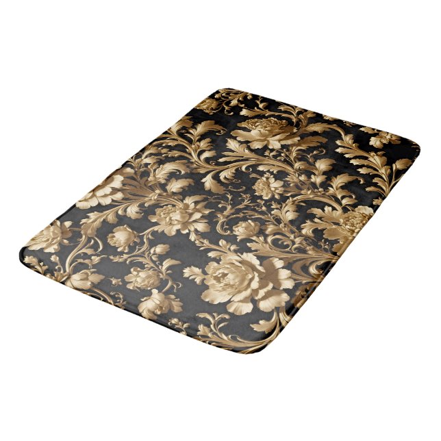 Tapis De Bain Confort opulent : Floral noir et or (Angle)