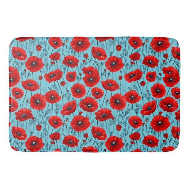 Tapis De Bain Coquelicots rouges sur fond bleu (Devant)