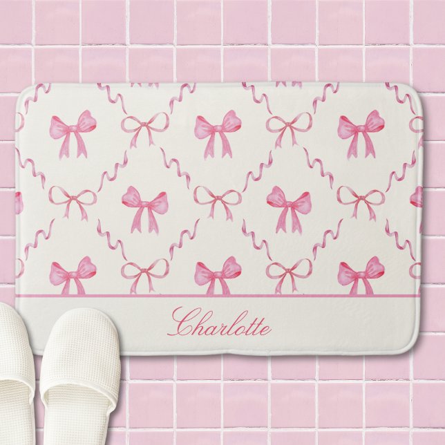 Tapis de bain Coquette à nœud rose (pink coquette bow calligraphy script bathmat with custom name, cute personalized gift for her)