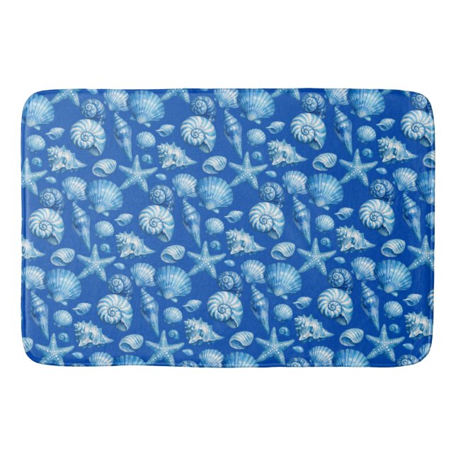 Tapis De Bain Coquillages. Nautique. Bleu. (Devant)