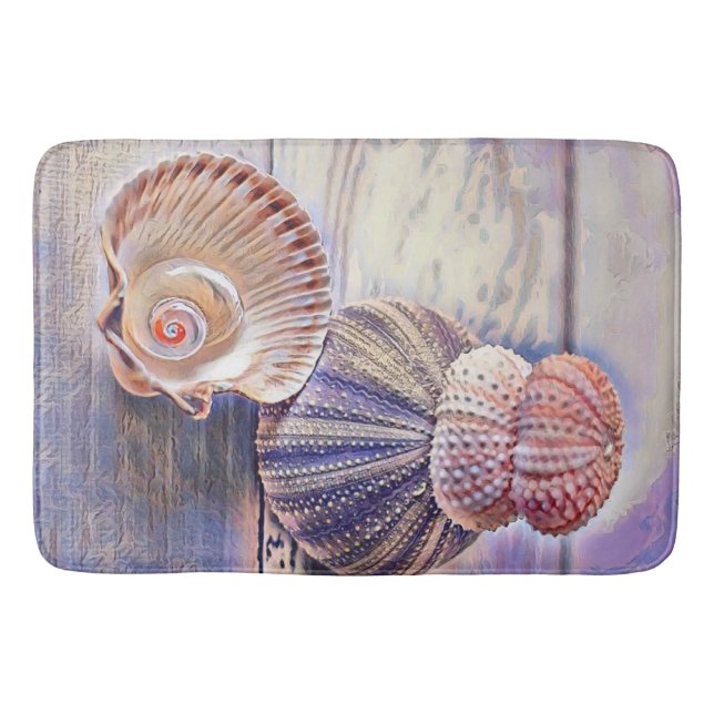 Tapis De Bain Coquillages violets roses sur aquarelle en bois (Devant)